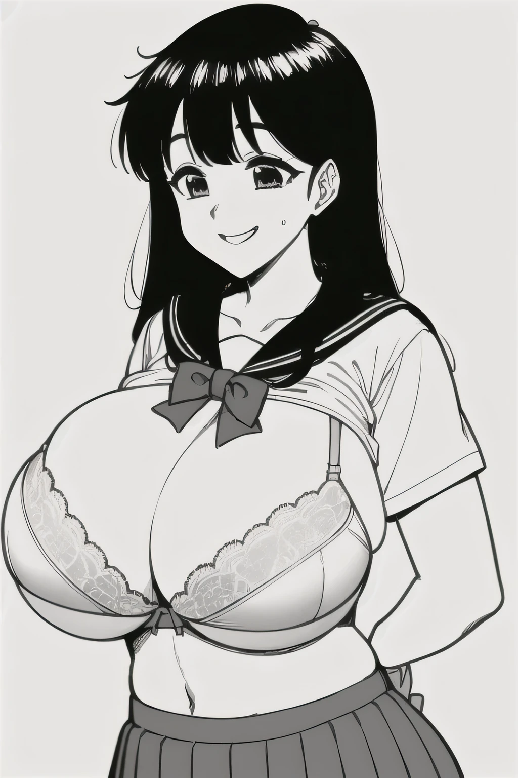masterpiece,highest quality,One high school girl,Long black hair,Embarrassing,smile,(Huge breasts:1.2),(Pure white lace bra:1.2),Short sleeve,Cute Sailor Suit,Pleated skirt,Sailor scarf,socks,loafers,Street,Monochrome,Line art,Upper body photo