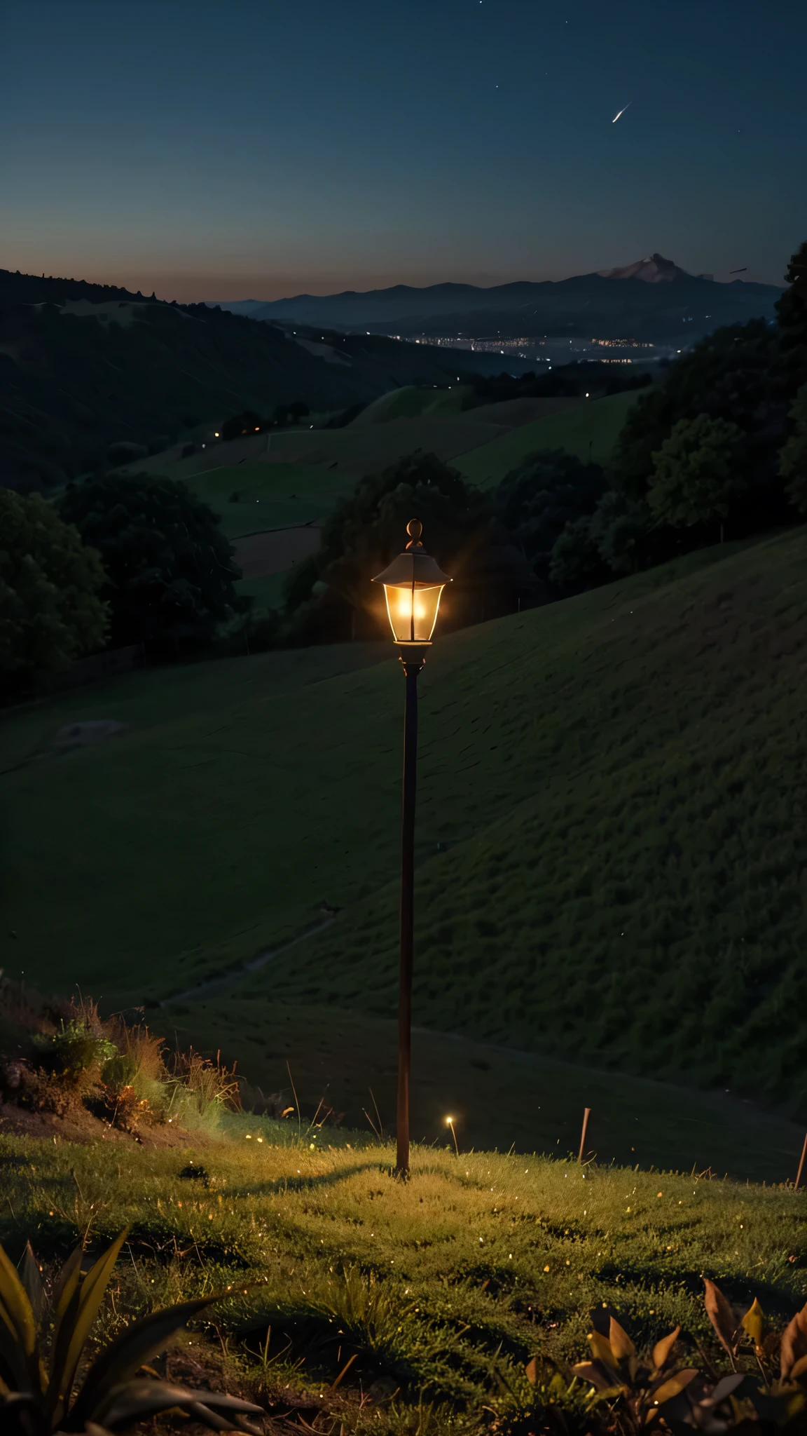 A serene night time above the hill top, with a small lamp on the grass.