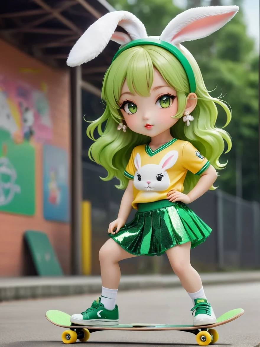 1girl，Wearing a bright yellow-green baseball uniform，Green Sequined Tulle Skirt，(rabbit ears, bunny hair ornament:1.5)，Green sneakers，strike a playful pose，Standing on a skateboard，(Close one eye:1.3)，Green eyes，Pout your cute little mouth，A faint blush，pride，Cartoon Style，full-body shot，Ballroom Background，Super Detail，Anatomically correct，masterpiece，accurate