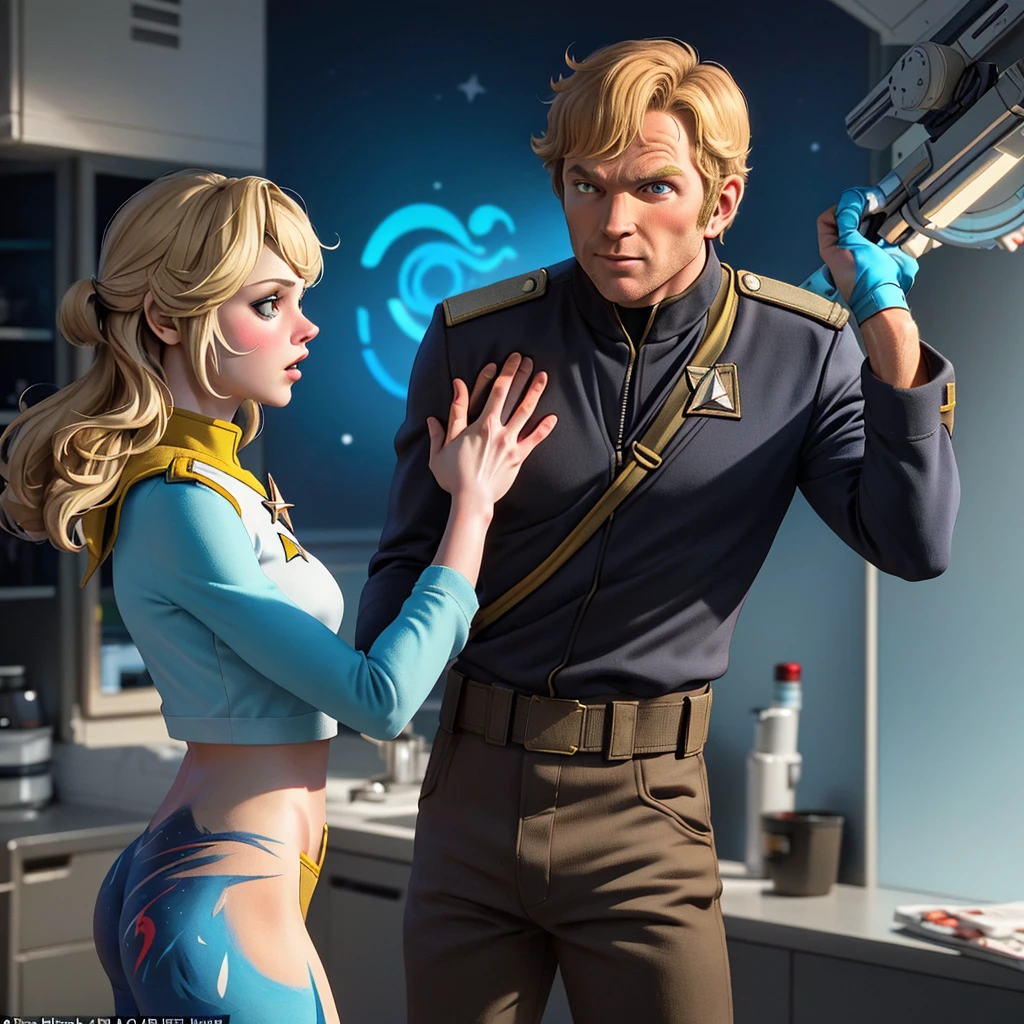 (Captain Kirk (age 35) torn starfleet uniform) tries desperately to evade the lovely savage women of the alien world Oboo who hunger for love (bodypaint, almost nude, SFW), alien world