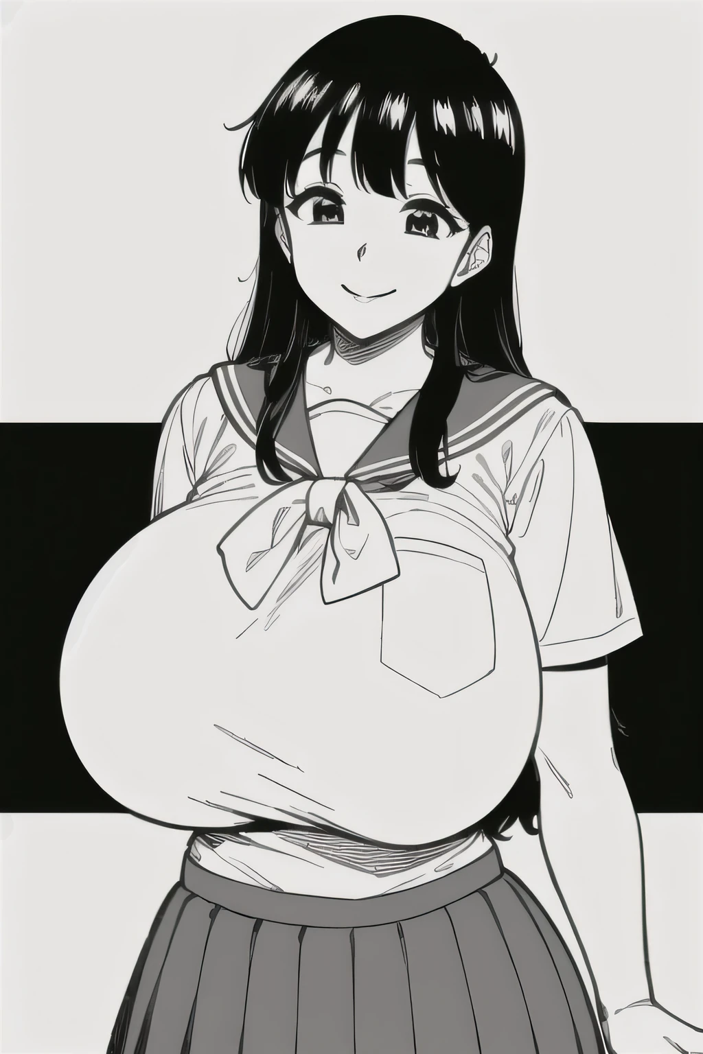 masterpiece,highest quality,One high school girl,Long black hair,Embarrassing,smile,(Huge breasts with a slight sagging:1.2),Short sleeve,Cute Sailor Suit,Pleated skirt,Sailor scarf,socks,loafers,Street,Monochrome,Line art,Upper body photo