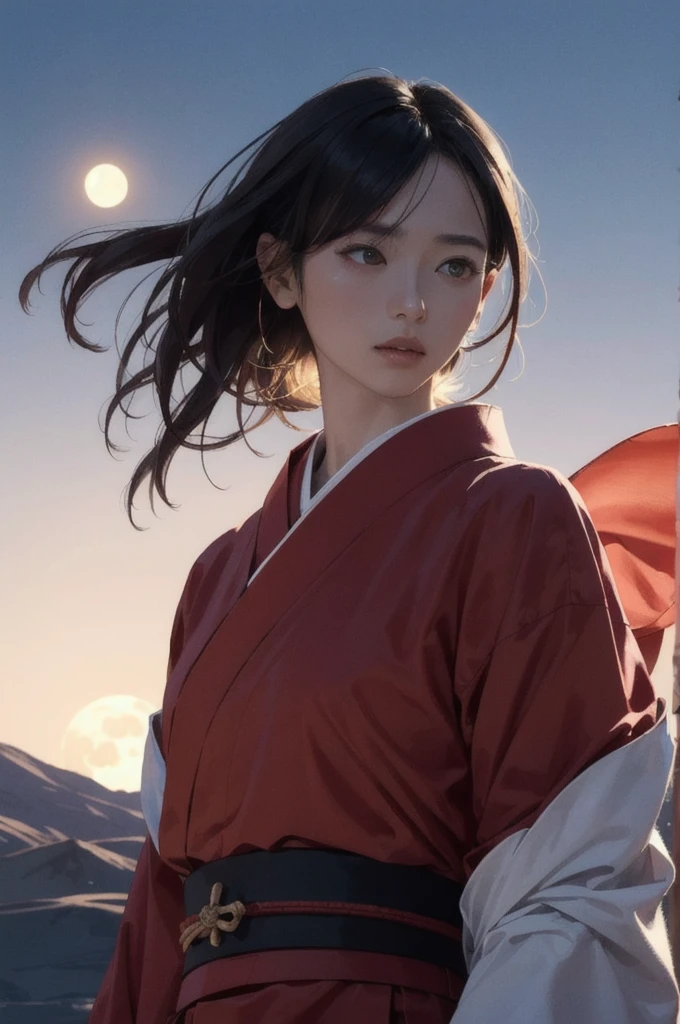 A highly detailed, cinematic portrait of a samurai lady warrior in a red kimono, with flowing fabric billowing in the wind against a backdrop of a luminous moon and the vast Northern Steppe landscape, masterpiece, best quality, 8k, hyperrealistic, photorealistic, dramatic lighting, intricate details, vibrant colors, cinematic composition