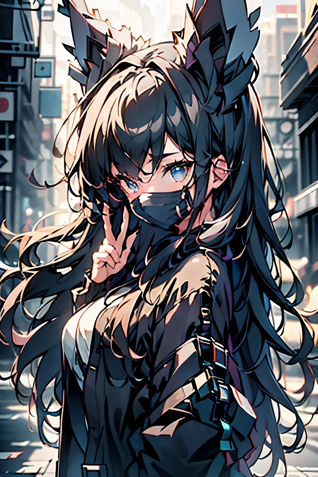 A beautiful girl with long black hair, wearing black bunny ears, striking a playful pose, serene expression, detailed facial features, delicate skin, soft lighting, cinematic composition, atmospheric background, dreamlike, elegant, highly detailed, photorealistic, 8K, best quality