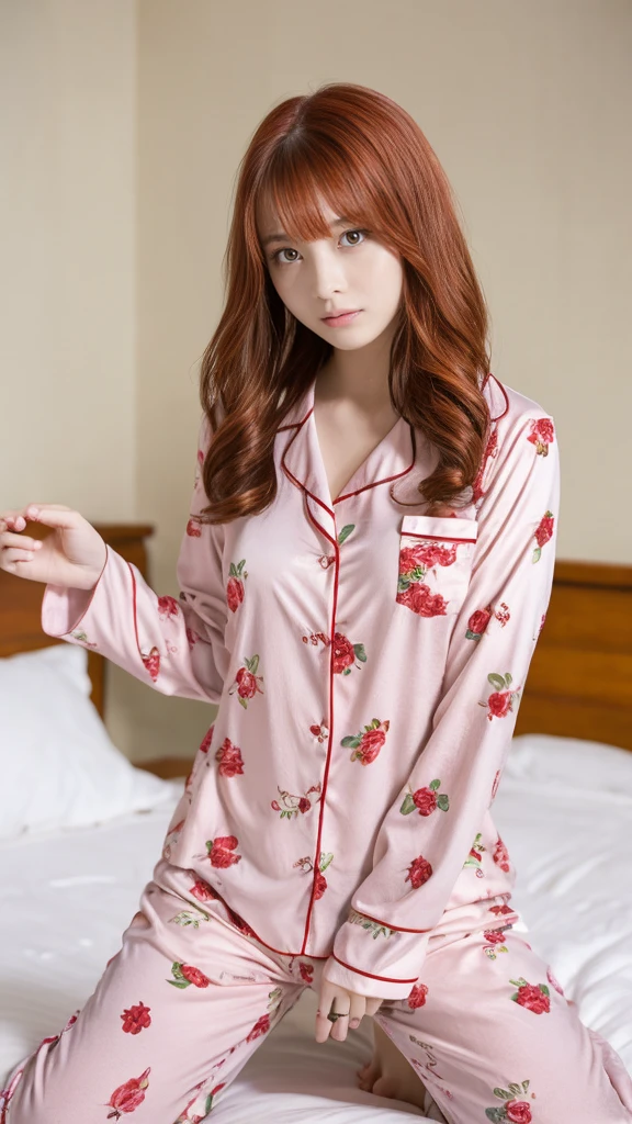 A woman in pink floral pajamas is sitting on her bed, Redhead girl, beautiful Redhead woman, Redhead woman, young Redhead girl, Short bright red hair, Red hair and attractive features, Anna Nikonova、Also known as New Milky, Redhead girl, Redhead, Beautiful woman, Posing in bed, Redhead, Short Red Hair, Posing in the room