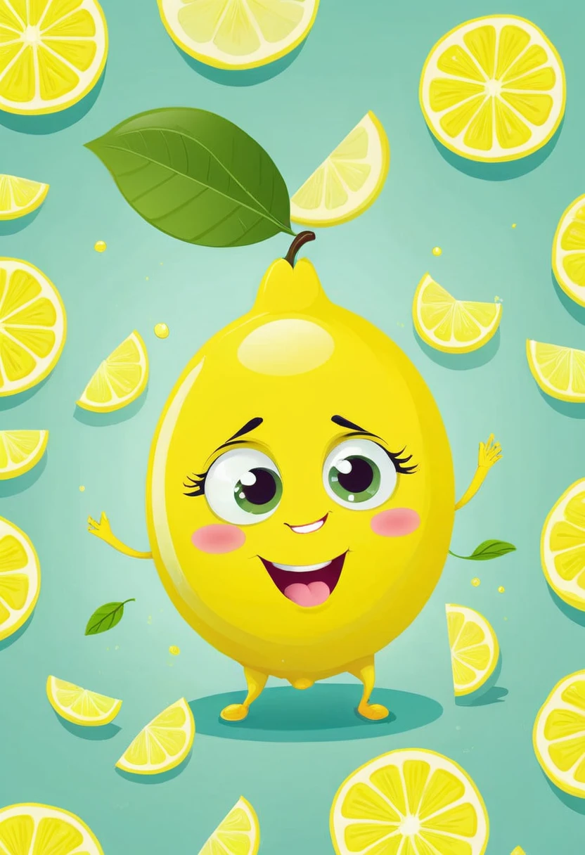 Vector lemon personification challenging to eat lemon showing cute look next to lemon slices