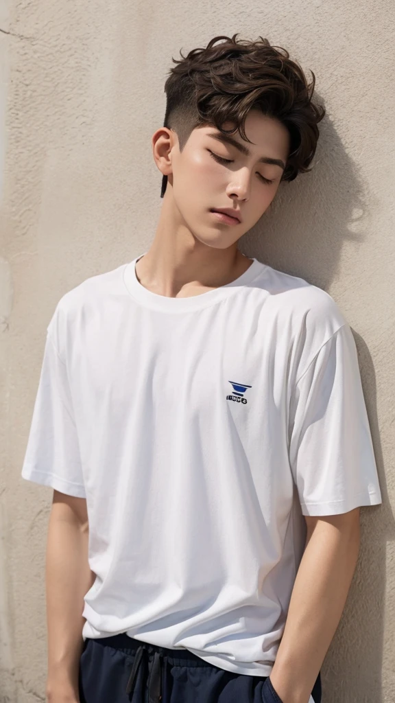 1boy,guy,closed eyes,Sleeping against the wall,15 years old,Curly hair,medium hair,undercut hairstyle,undercut,light brown hair,Plain t-shirt, white t-shirt,white trousers,ultra detail, perfect face, hd face, detailed face, masterpiece 