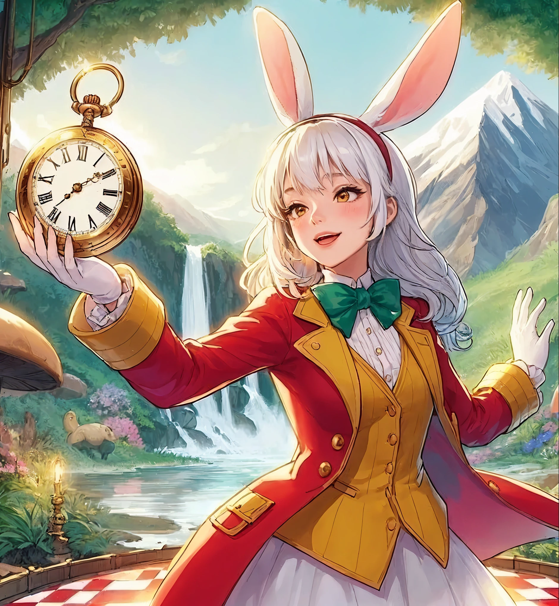 1lady solo, actress, singing, dynamic posing, (white rabbit ears:1.1), (red suit jacket), (yellow shirt), bowtie, pants, mature female, /(white hair/) bangs, blush light smile, (masterpiece best quality:1.2) delicate illustration ultra-detailed, large breasts BREAK (holding (large golden pocket watch:1.1) in hand) BREAK (theater stage) indoors, (Alice in Wonderland), wild mountain backdrop, spotlight, detailed background