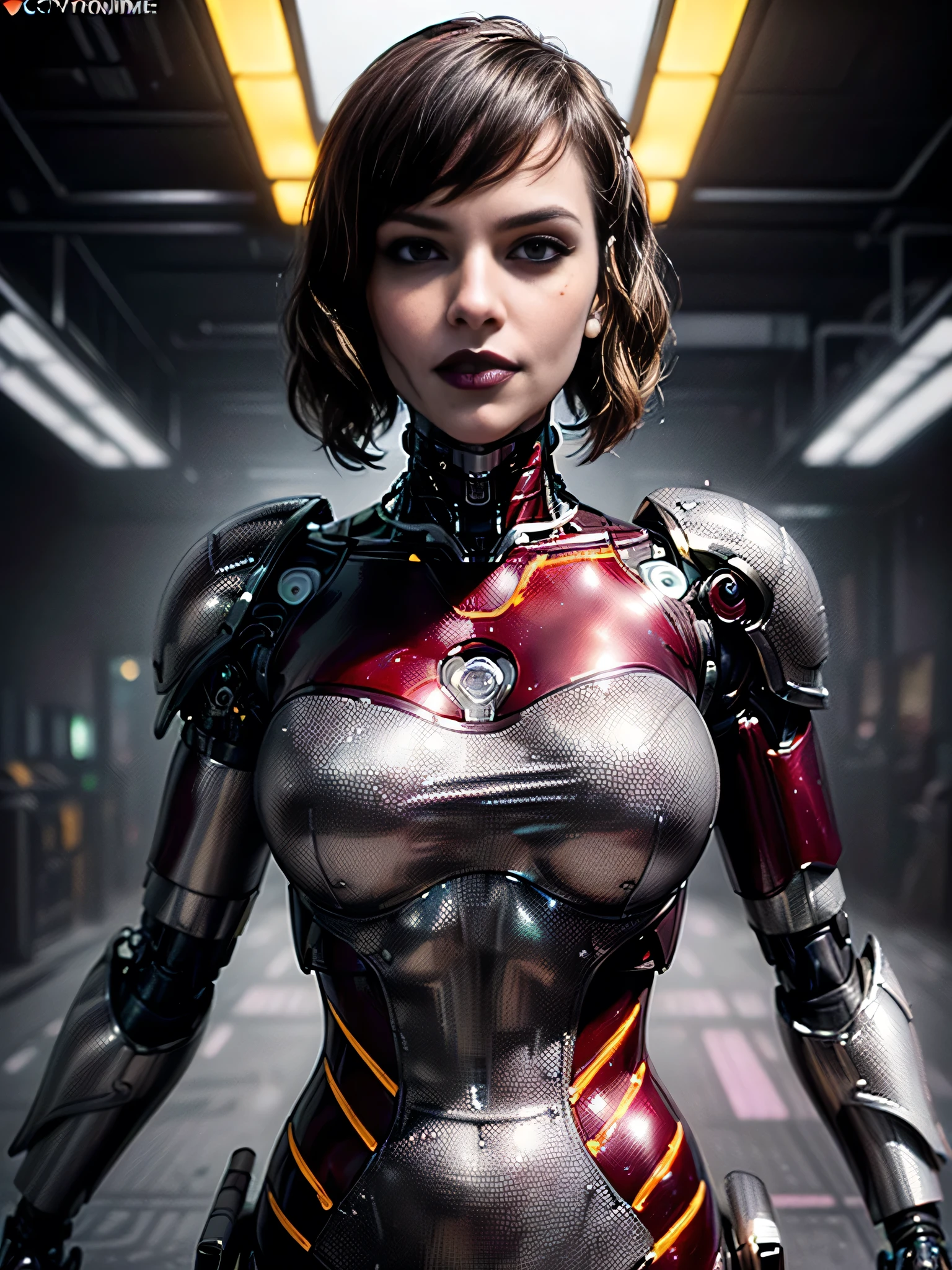 ((best quality: 1.5, masterpiece :1.2, Intricate:1.3)), intricate details, sharp focus, professional, photorealistic, real life, realistic representation of the face, (((solo, 1girl) muscular, (mysterious expression, black lipstick, ((cyborg, mechanical arms, cybernetic torso))))), bright glow, dynamic pose, dark room, dark background, black background, solo, (((smirking, (blackout eyeshadow, cleft chin), wavy dark hair))), (freckles: 0.9), ((fujicolor, film grain)), (((((futuristic gray maroon lacquered chrome armor, photorealistic:1.2)), professional lighting, photon mapping, radiosity, physically based rendering, ultra resolution, hyper-realistic)))
