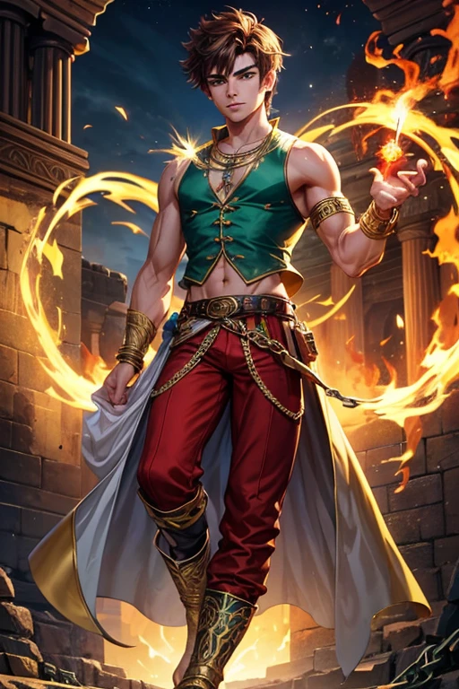 Zac Efron, 20 years old, short dark golden brown hair, short messy hair, dark green eyes, djinn clothing, light golden sleeveless open vest, light golden vest with red Arabic print, light red Arabic pants, golden belt, djinn bracelet with silver gems, brown boots, phosphorescent red tattoos, surrounded by fire and red smoke, muscular delegate build, hands tied with chains and feet surrounded by white chains, green magic circles on each hand on a background of Arabian ruins.