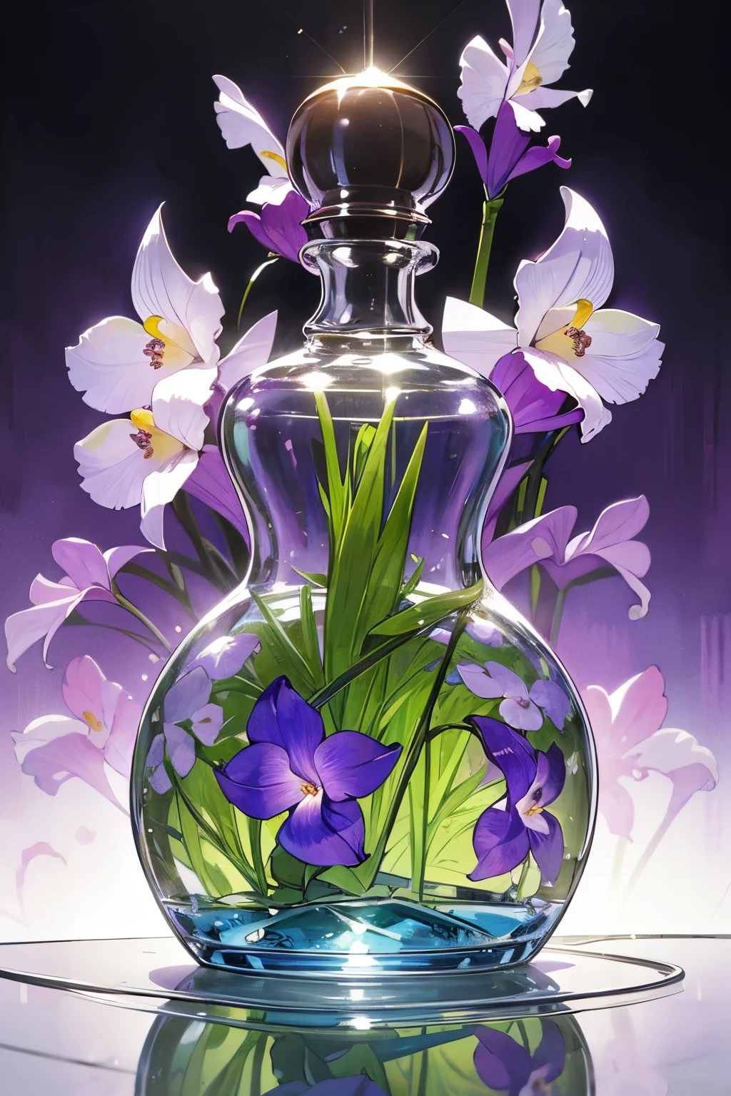 French perfume bottle,Glass Bottle,bottle,flowers,enclose,France,French style,Purple,green,Iris,Bell orchid,Curly grass pattern,Complex pattern,Metal