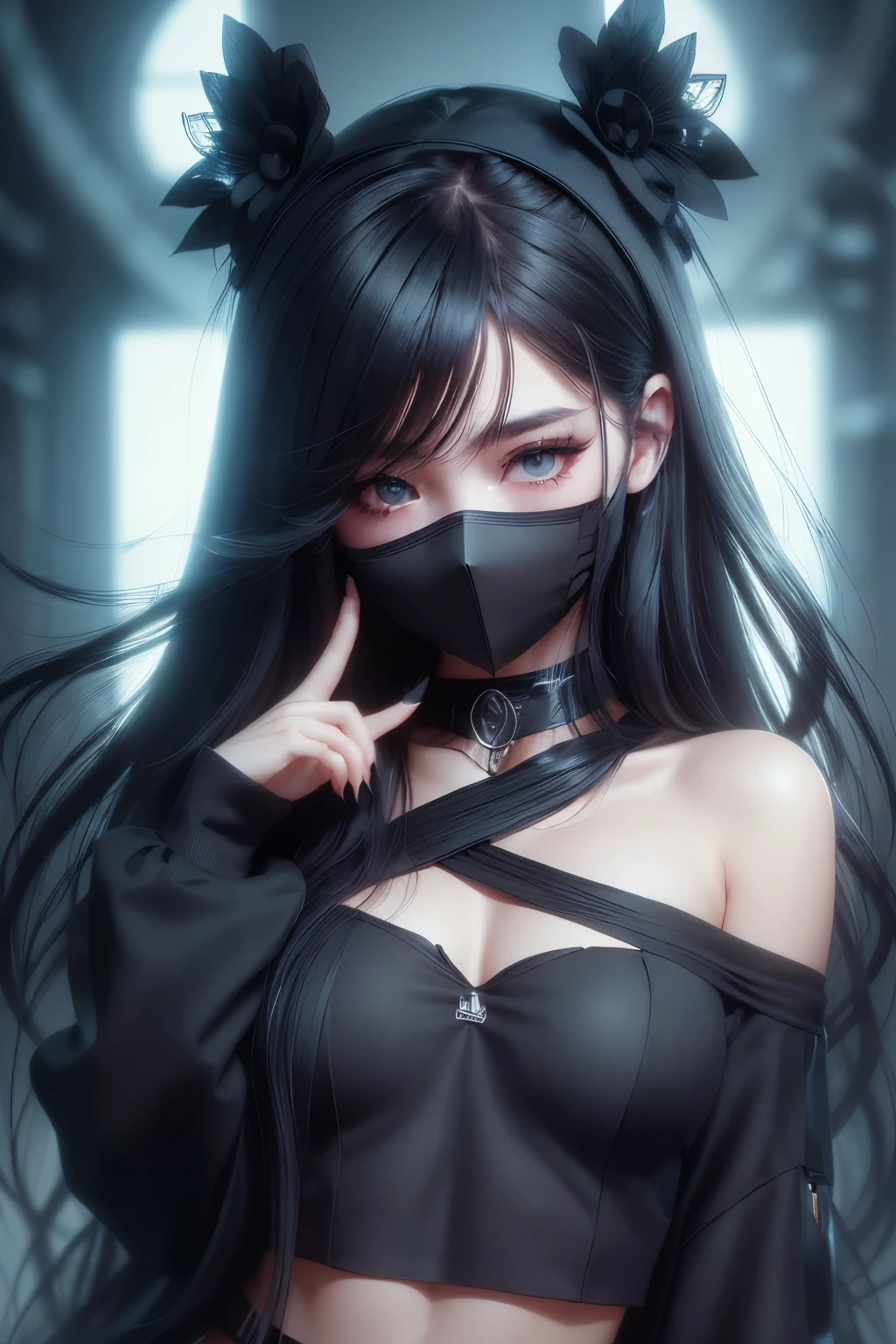 A beautiful girl with long black hair, wearing black bunny ears, striking a playful pose, serene expression, detailed facial features, delicate skin, soft lighting, cinematic composition, atmospheric background, dreamlike, elegant, highly detailed, photorealistic, 8K, best quality