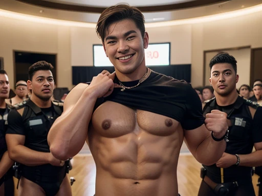 ung handsome guy,20-22 years old,police officers,Interpol,Police Department,Handsome,musculous,hairy bodies,,(Fine eye 1:3),Black eyes,full bodyesbian , epic reality , epic photorealistic , ultra realism , photorealistic , only male , only boy , full length shot (fls) , wearing sexy micro thong , arms up, handsome korean boy , topless , sex slave. ,bondage collar chain , standing , wide hips , wide pelvis , phat hips. , thick thighs , ((grins to your audiences , you are a good dog)) , undress , (((an audiences around him)) , ((gangbang)) , ((multiple men))