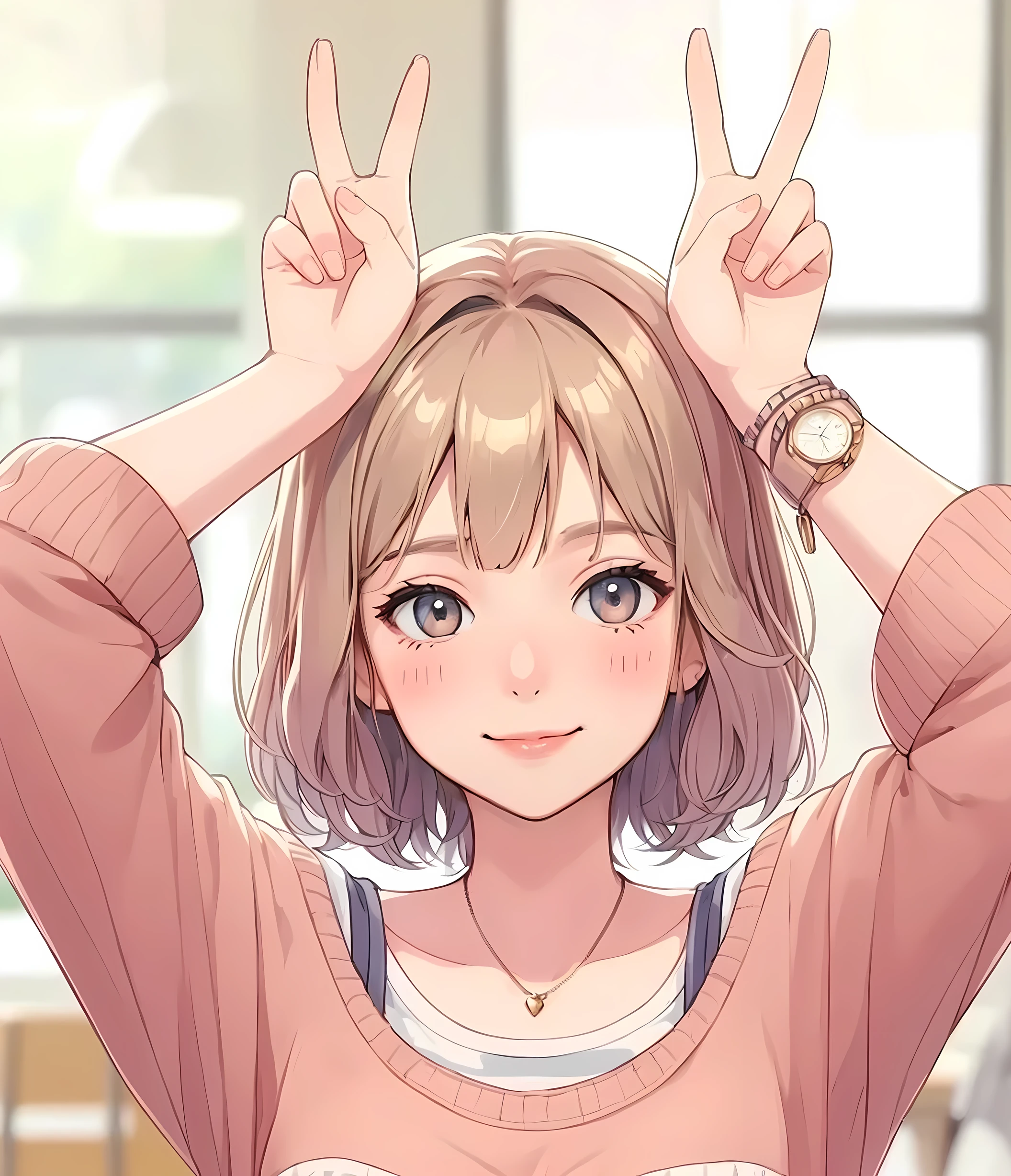 1lady solo, (placing hands above head), (gesture of rabbit ears), (peace sign), stylish outfit (calm attire), mature female, /(beige hair/) bangs, blush kind smile, (masterpiece best quality:1.2) delicate illustration ultra-detailed, large breasts BREAK (modern house) indoors, noon, window