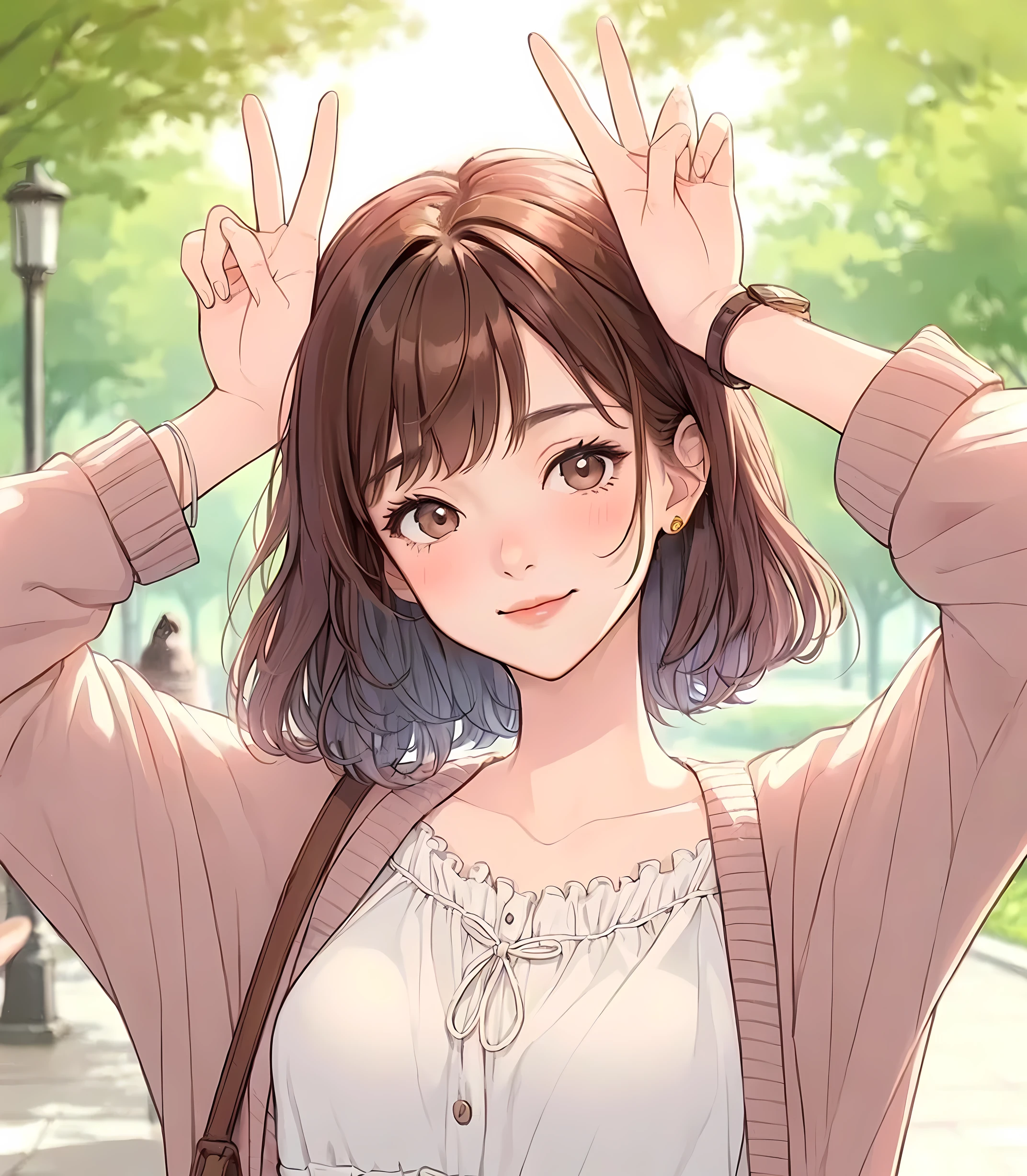 1lady solo, (placing hands above head), (gesture of rabbit ears), (peace sign), stylish outfit (calm attire), mature female, /(reddish-brown hair/) bangs, blush kind smile, (masterpiece best quality:1.2) delicate illustration ultra-detailed, large breasts BREAK (ordinary urban park) outdoors, noon, trees