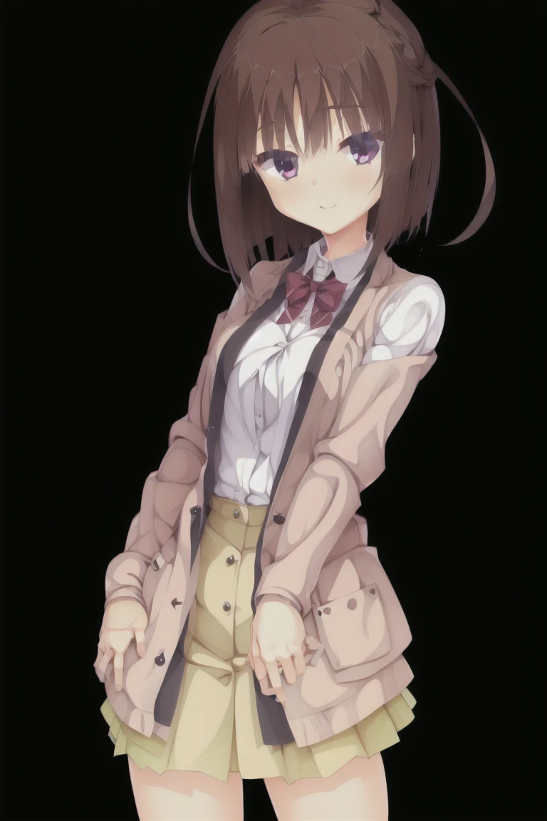 1girl,solo,dark_blown_hair,bob_hair,smile,Light brown cardigan, baggy cardigan, white shirt, cute shirt, skirt, pleated skirt, brown skirt, plaid skirt, thigh-highs sleeves_past_wrists,Bedroom,expensive_solve, clear_image, expensive_Contrast, 8k, Sparkling, beautiful_detailed_face_and_eye, (Dark Brown Hair:1.25), 白 eye,