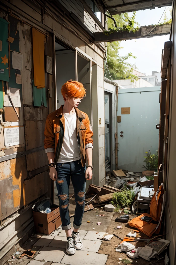 Young boy with orange hair, short hair, apple green t-shirt, ripped jeans, damaged brown jacket, converse shoes, old dilapidated apartment, flowers, hallway, brown backpack, freckles.