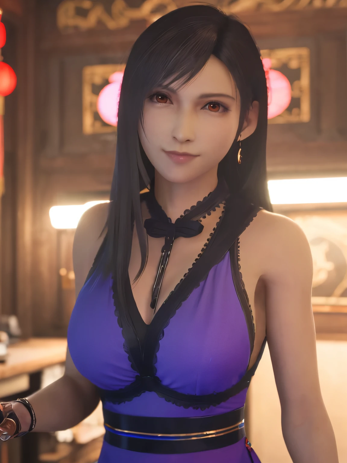 ff7r style,tifa lockhart,red_eyes,black hair,long hair,earrings, jewelry,((female)),(20yo:1.3),(japanese,cool beauty:1.2),(photo realistic,perfect anatomy:1.3),(hyper detailed, masterpiece:1.2), best quality,RAW photo, exquisite, beautiful ,((Cowboy Shot)),sharp focus, depth of field ,blur background, bokeh ,Professional lighting,detailed face,random color,(Chinese Dress:1.4),slit,(((Executing a high kick))),Half Smile,black hair,((alley))