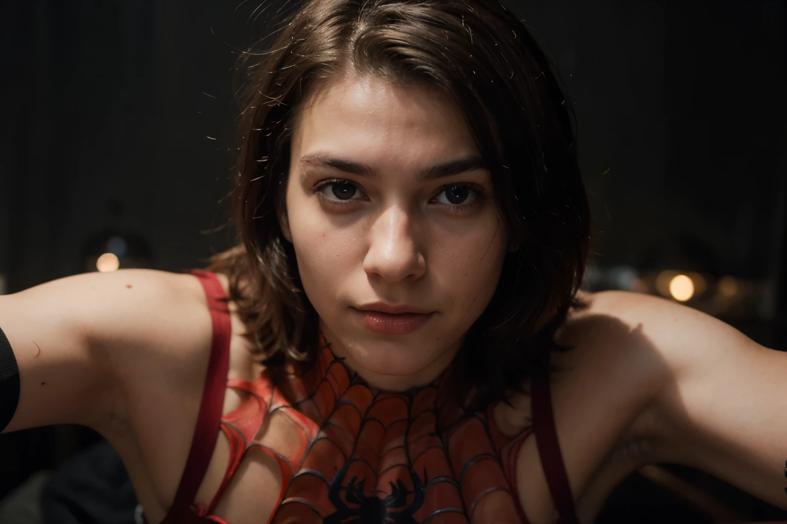 A photograph of spider man, no mask, 20 yo, handsome, detailed face, looking at camera, portrait, 8k uhd, high quality