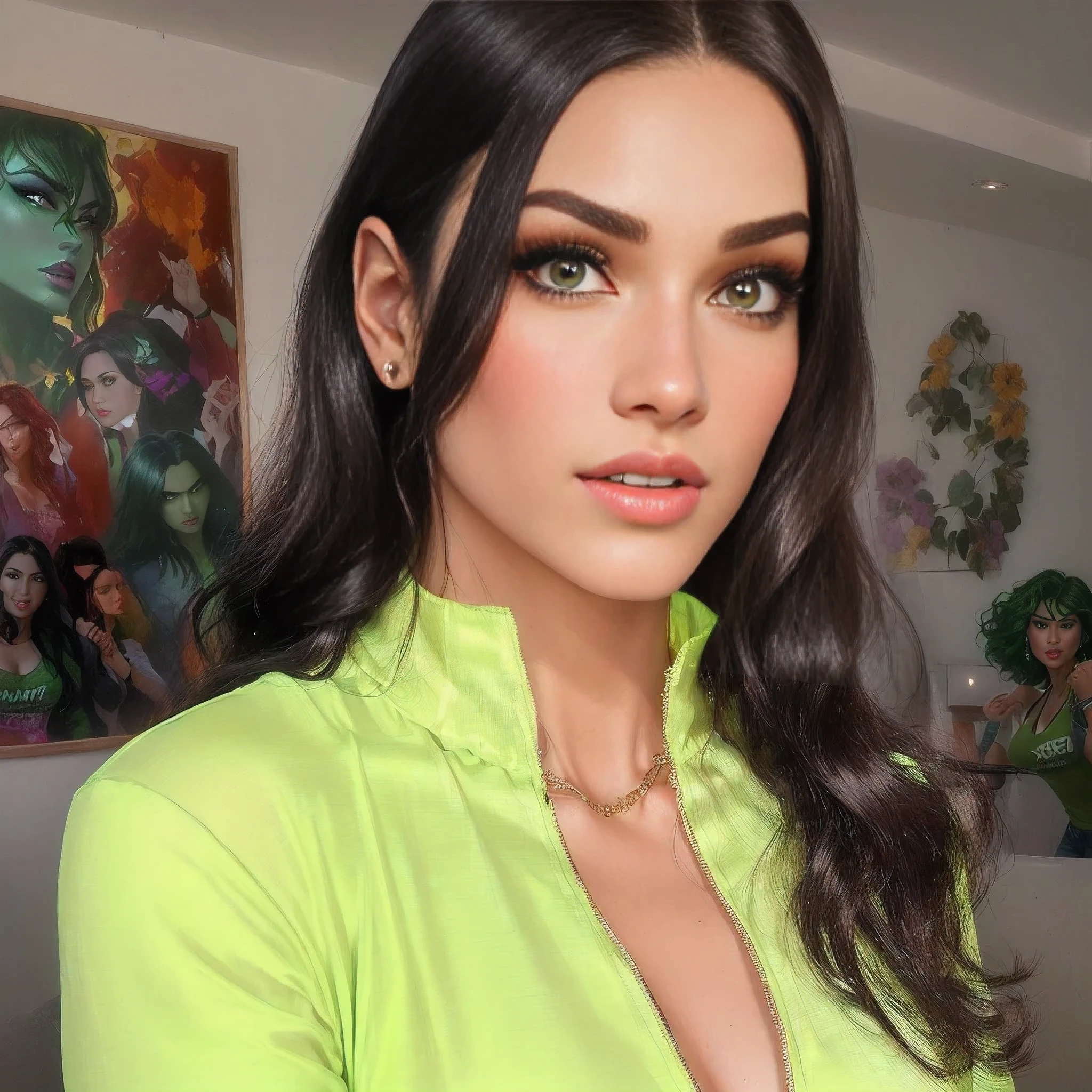 araffed woman with long dark hair and bright green shirt, christina kritkou, profile image, sexy face with full makeup, zendaya as she-hulk, serena malyon, marischa becker, 30-year-old woman from cuba, lorena avarez, inspired by Glòria Muñoz, karla ortiz, violet myers