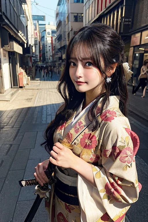 (((Holding a sword)))、(((Tears running down my cheeks)))、Beautiful Japanese Supermodel Women, Hair with subtle highlights, Big black eyes, sexy，Street background，Gorgeous kimono （Floral）,Dimples、 Backlit shooting，perfect face lighting，Mixed Media