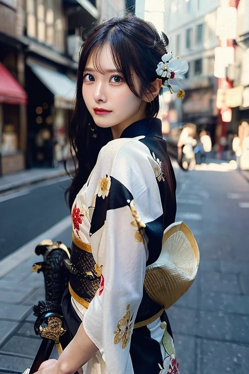 (((Holding a sword)))、(((Tears running down my cheeks)))、Beautiful Japanese Supermodel Women, Hair with subtle highlights, Big black eyes, sexy,Street background,Gorgeous kimono (Floral),Dimples、 Backlit shooting,perfect face lighting,Mixed Media