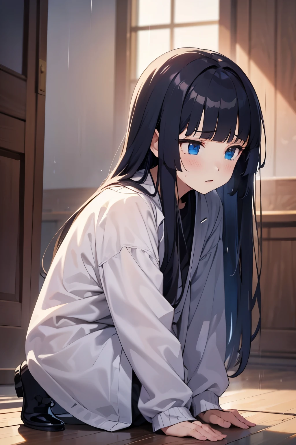 (8K, best quality, master piece: 1.2), super high resolution,1girl,ultra-detailed face, detailed eyes,heterochromiablack hair,Long Hair,Straight Hair,,hime cut,(embarrassed,blush:1.3),(steam:0.8),(wet:0.8),(sweat:0.8),(trembling:1.3),(parted lips:1.3),Frightened expression,Raincoat,Rain boots,Rim Light,full body,Kneeling in Pray,Meditation room