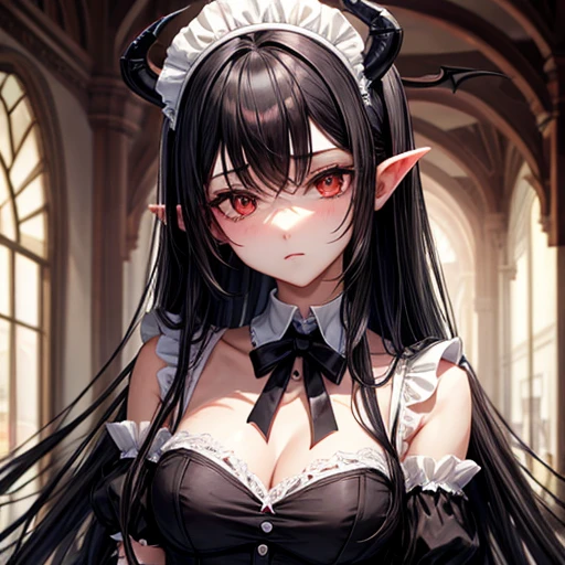 Expressionless succubus maid　Long black hair　 Looks like a 30 year old