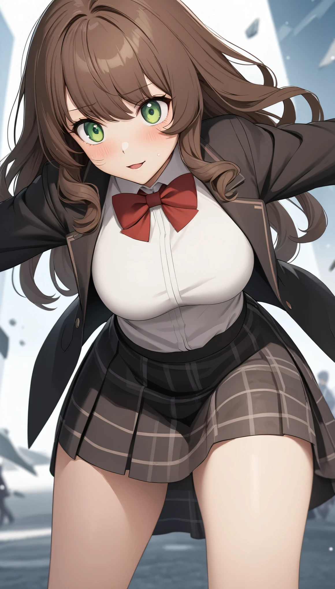 ((Tabletop, highest quality, High resolution, Hmph, Pixel perfect, Depth of written boundary, 4K, Hmph, Hmph))), One Girl, single, alone, Beautiful Anime Girls, Beautiful art style, Anime characters, ((Long Hair, bangs, Dark brown hair, Curly Hair:0.8)), ((Green Eyes:1.4, Fine grain, Beautiful Eyes, Perfect Eyes,Curled lashes, Realistic eyes)), ((Detailed face, Blushing:1.2)), ((Smooth texture:0.75, Realistic texture:0.5, Anime CG Style)), Medium chest, Dynamic Angle, Big Breasts, Perfect body, Dynamic pose, ((Red bow tie, , Black jacket, Open jacket, Brown cardigan, White shirt, Black Skirt, Checked skirt)), smile, Open your mouth, Put your arms behind your back, Leaning forward, Amalment Park, ((close, throw, cute, Shoot in the face))