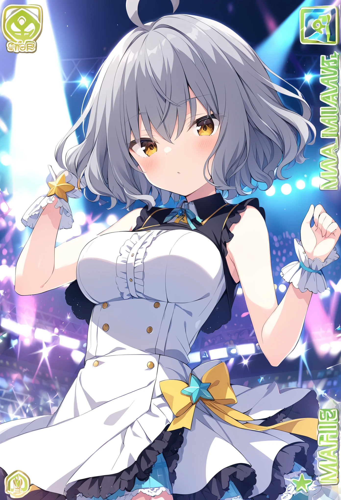 natsumemahiro, grey hair, ahoge, wavy hair, hair between eyes, short hair, brown eyes, , large breasts, live stage, solo