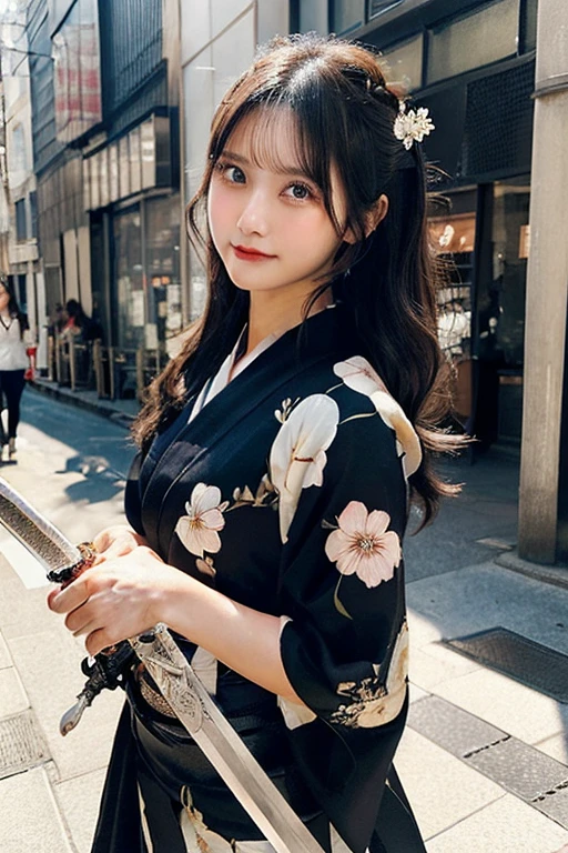 (((Holding a sword)))、(((Tears running down my cheeks)))、Beautiful Japanese Supermodel Women, Hair with subtle highlights, Big black eyes, sexy，Street background，Gorgeous kimono （Floral）,Dimples、 Backlit shooting，perfect face lighting，Mixed Media