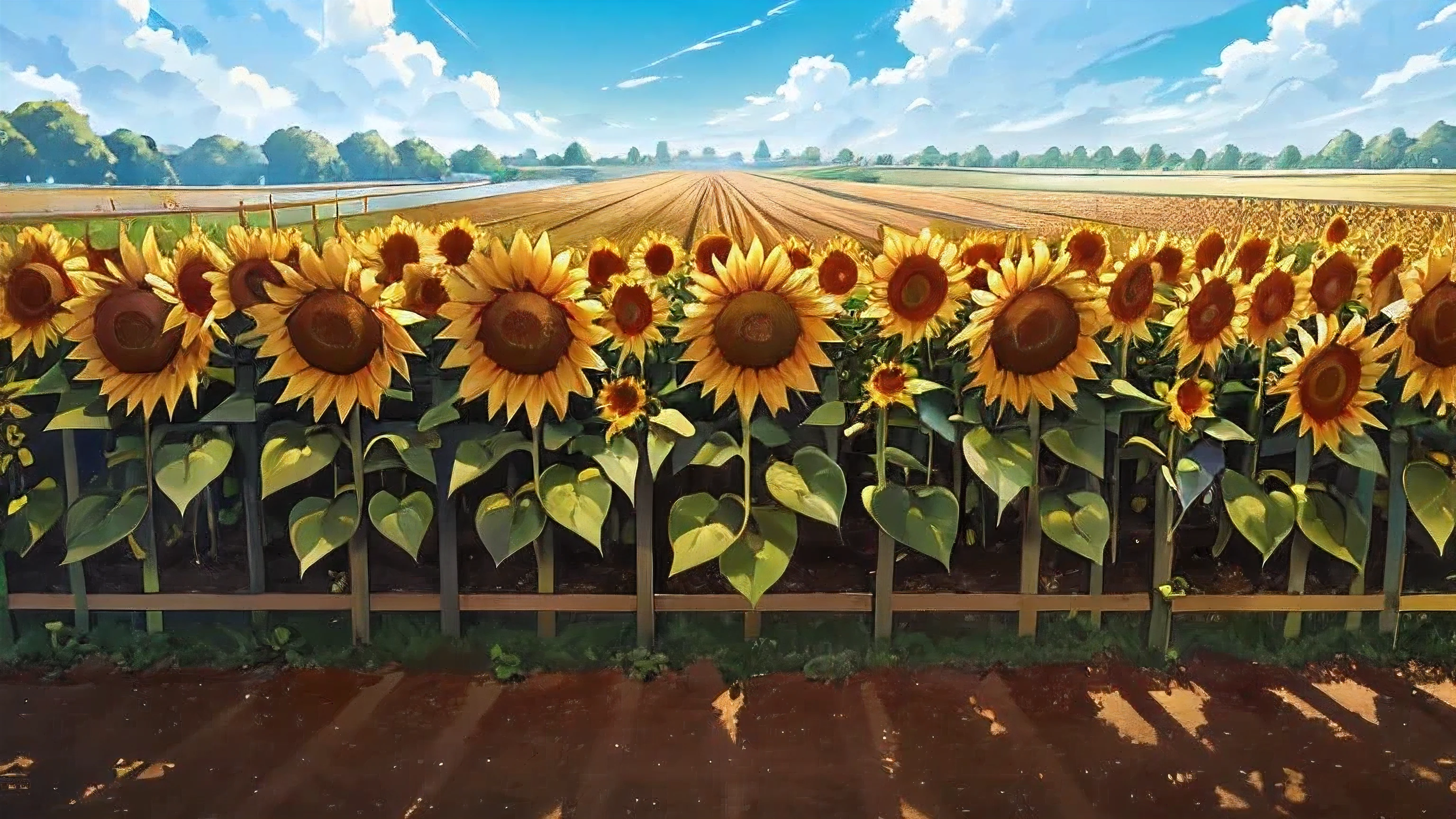sunflower field fence scene, rural anime painting, sunny summer day, summer afternoon, beautiful detailed landscape, sunflower field, sunny and warm, picturesque countryside, detailed and highly detailed scenery, farmyard background, hot and sunny highly detailed drawn, masterpiece, 4K.
Golden sunflowers reach towards the sky, their petals shimmering in the warm sunlight, creating a harmonious blend of light and darkness. The field is enclosed by a white picket fence that adds a touch of classic charm to the scene. The cloudless blue sky stretches over the landscape, and the distant farm buildings are bathed in the golden rays of the sun.
The