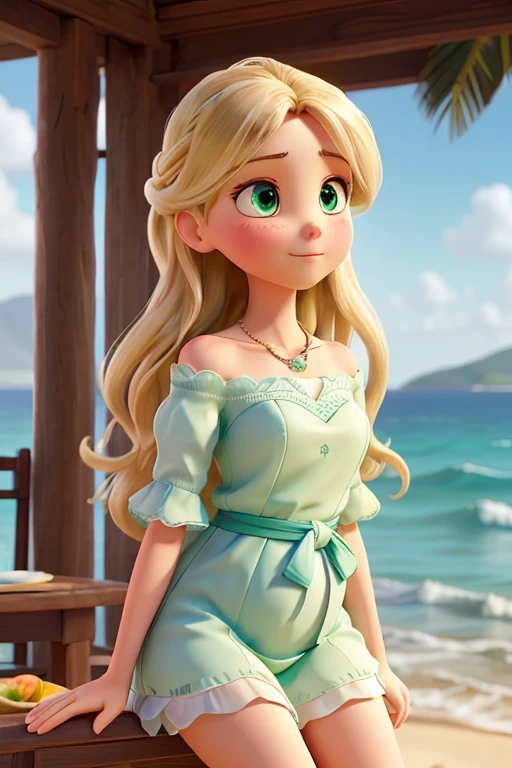 "A young woman with long, wavy blonde hair, styled in loose curls, sits serenely on the sandy shore, her gaze fixated on the endless expanse of the sea. Her large, expressive green eyes reflect the shifting hues of the ocean waves, while a soft, contemplative expression graces her face against the backdrop of a cloudy sky.
Clad in a flowing, light green dress with delicate lace accents, its off-shoulder design lending an air of casual elegance, she exudes a sense of tranquility. A slender sash cinches her waist, accentuating her pregnancy, while sheer sleeves billow gently around her arms. Adorning her neck is a dainty necklace with a subtle pendant, adding a touch of refinement to her ensemble.
Her hands tenderly cradle her swelling belly, radiating a mix of affection and anticipation. Nearby, vases brim with fresh blooms, their vibrant hues mirroring the lively spirit of the seaside. In the distance, a young boy in a white t-shirt and beige shorts captures the viewer's attention, his gaze fixated elsewhere.
Amidst colorful beachfront buildings and distant mountains, the woman finds solace in the rhythmic ebb and flow of the ocean, a silent witness to her quiet contemplation."