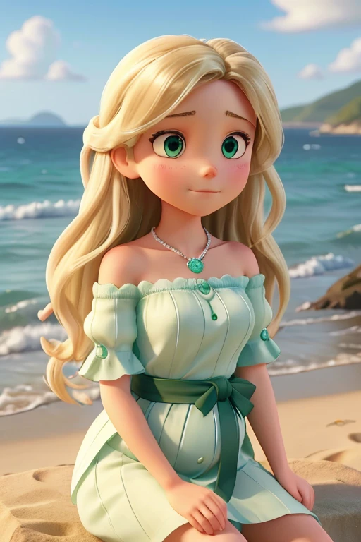 "A young woman with long, wavy blonde hair, styled in loose curls, sits serenely on the sandy shore, her gaze fixated on the endless expanse of the sea. Her large, expressive green eyes reflect the shifting hues of the ocean waves, while a soft, contemplative expression graces her face against the backdrop of a cloudy sky.

Clad in a flowing, light green dress with delicate lace accents, its off-shoulder design lending an air of casual elegance, she exudes a sense of tranquility. A slender sash cinches her waist, accentuating her pregnancy, while sheer sleeves billow gently around her arms. Adorning her neck is a dainty necklace with a subtle pendant, adding a touch of refinement to her ensemble.

Her hands tenderly cradle her swelling belly, radiating a mix of affection and anticipation. Nearby, vases brim with fresh blooms, their vibrant hues mirroring the lively spirit of the seaside. In the distance, a young boy in a white t-shirt and beige shorts captures the viewer's attention, his gaze fixated elsewhere.

Amidst colorful beachfront buildings and distant mountains, the woman finds solace in the rhythmic ebb and flow of the ocean, a silent witness to her quiet contemplation."