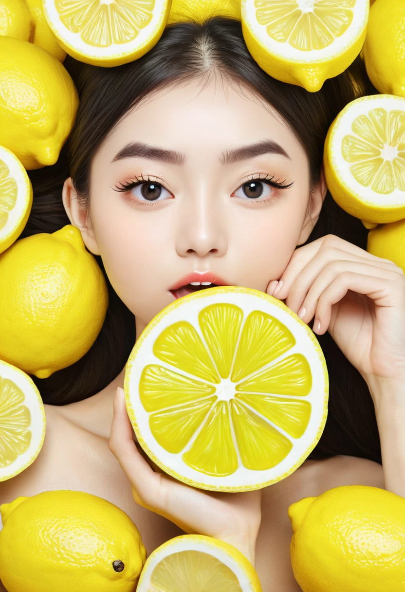 Vector lemon personification challenging to eat lemon showing cute look next to lemon slices