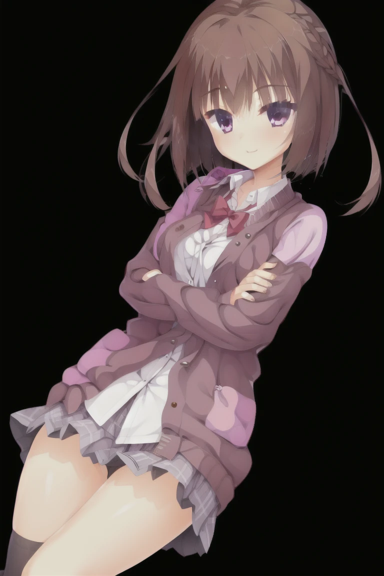 1girl,solo,dark_blown_hair,bob_hair,smile,Light brown cardigan, baggy cardigan, white shirt, cute shirt, skirt, pleated skirt, brown skirt, plaid skirt, thigh-highs sleeves_past_wrists,Bedroom,expensive_solve, clear_image, expensive_Contrast, 8k, Sparkling, beautiful_detailed_face_and_eye, (Dark Brown Hair:1.25), 白 eye,