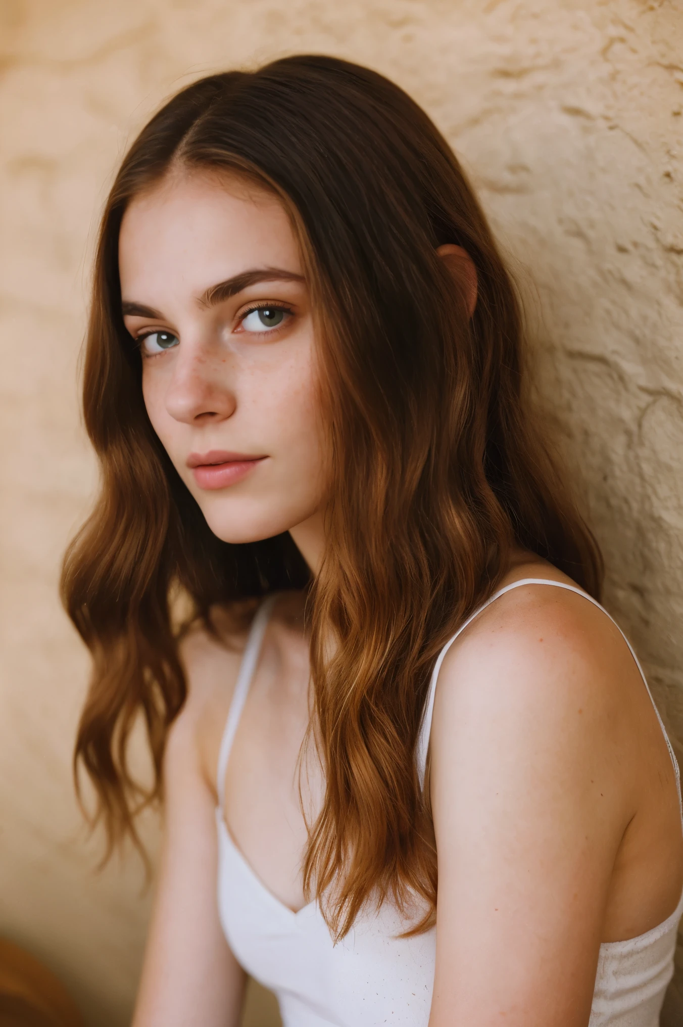 realistic photo of a 20-year-old Scandinavian girl, beautiful face, elegant appearance, red hair, freckles, in a white camisole, sits at a table in front of an old beige wall, relaxed expression, brimming with emotion, interplay of contrast along with detailed light and shadow, depth of field, dusky room atmosphere,