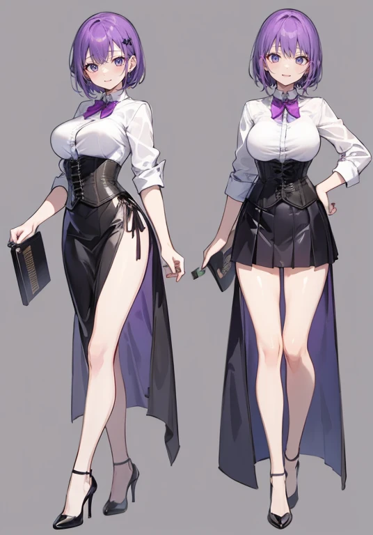 Purple hair,short hair,Adult female,(Bartender),((Rolling up your sleeves shirt)),(Corset),(Tight skirt),(high heels),((Simple background)),Smile,((Full body)),((whole body)),Character Sheet,Standing straight and facing forward