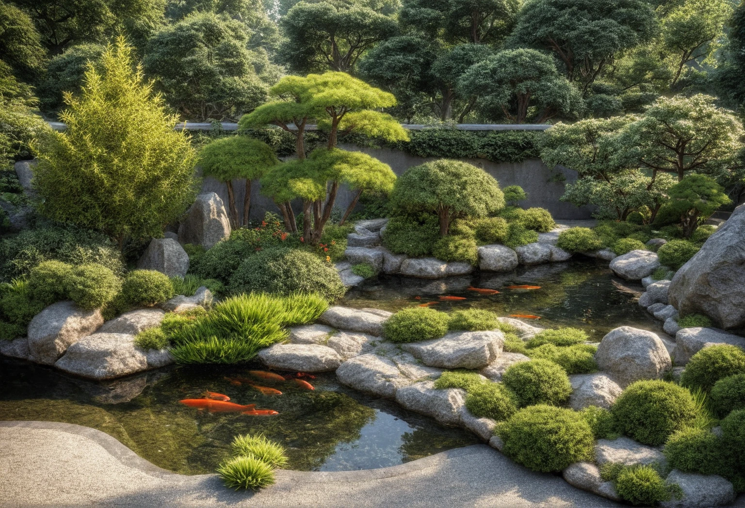 (Wabisabi style:1.2), The garden and wall are planted with pine trees, pine trees, peach trees, and apricot trees. There are many types of shrubs to choose from for inclusion in Japanese garden design such as sycamore, laurel, apricot, sanh, and sapphire. Domestic plants are mainly lotus and aquatic plants such as water bamboo and betel nut. Artistic penjing trees are also integrated into rockeries and rugged rocks like cliffs, white concrete fence, A pond surrounded by a Japanese garden with shrubs, rocks, and trees and a fish tank in the garden, (architectural design visualization), (neutral natural lighting), (reflection), (focus on object), (material normal bump real reflection), (scattered light), (light ray), (multi-beam light), (sunbeam) (multi-level reflection), (chao vantage software visualization render),(((Best Quality))), ((Masterpiece)), ((best illustration)), ((best shadows)), ((Super Detail)), (Intricate lines), (Photorealism),(hyper detail), ((archdaily)), ((award winning design)), (dynamic light), spotlight, (perfect light), (shimering light), ((photorealistic)), ((intricate detail)), ((extreme detail)), ((crazy detail)), ((octane render)), ((trending on artstation)), ((High-fidelity)), ((Viwvid)), ((Crisp)), ((Bright)), ((Stunning)), ((Eye-catching)), ((High-quality)),((Sharp))((Bright)), ((Stunning)), ((Eye-catching)), ((Illuminating)), ((Flawless)), ((High-quality)),((Sharp edge render)), ((medium soft lighting)), ((photographic render)), ((detailed archviz)), ((reality environment))