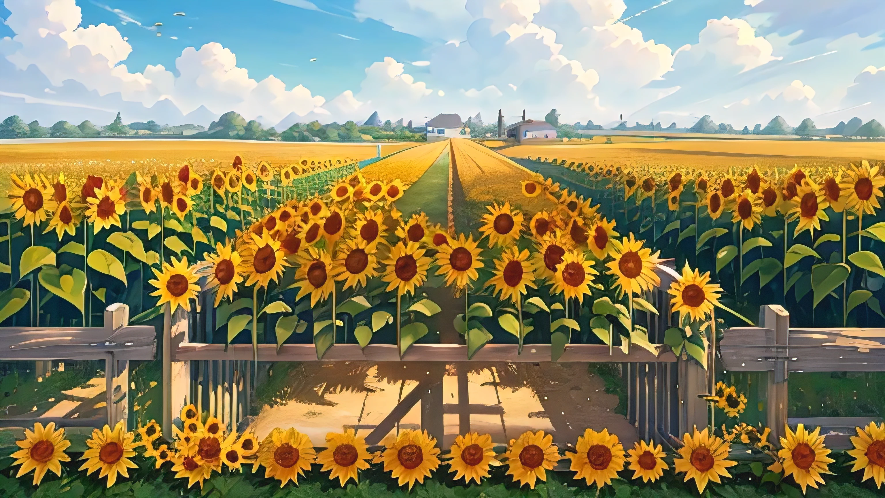 sunflower field fence scene, rural anime painting, sunny summer day, summer afternoon, beautiful detailed landscape, sunflower field, sunny and warm, picturesque countryside, detailed and highly detailed scenery, farmyard background, hot and sunny highly detailed drawn, masterpiece, 4K.

Golden sunflowers reach towards the sky, their petals shimmering in the warm sunlight, creating a harmonious blend of light and darkness. The field is enclosed by a white picket fence that adds a touch of classic charm to the scene. The cloudless blue sky stretches over the landscape, and the distant farm buildings are bathed in the golden rays of the sun.

The