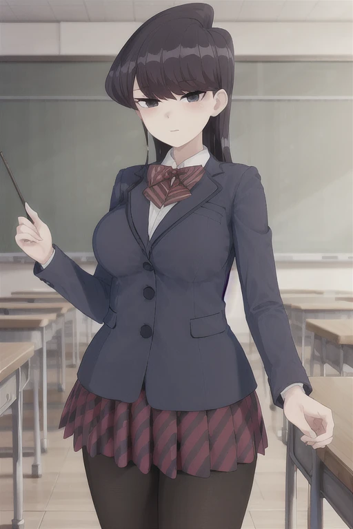 masterpiece, best quality, 1girl, solo, komi-san wa komyushou desu, ks , blue jacket, white shirt, striped bowtie, red skirt, black pantyhose, looking at viewer, (classroom), cowboy shot 