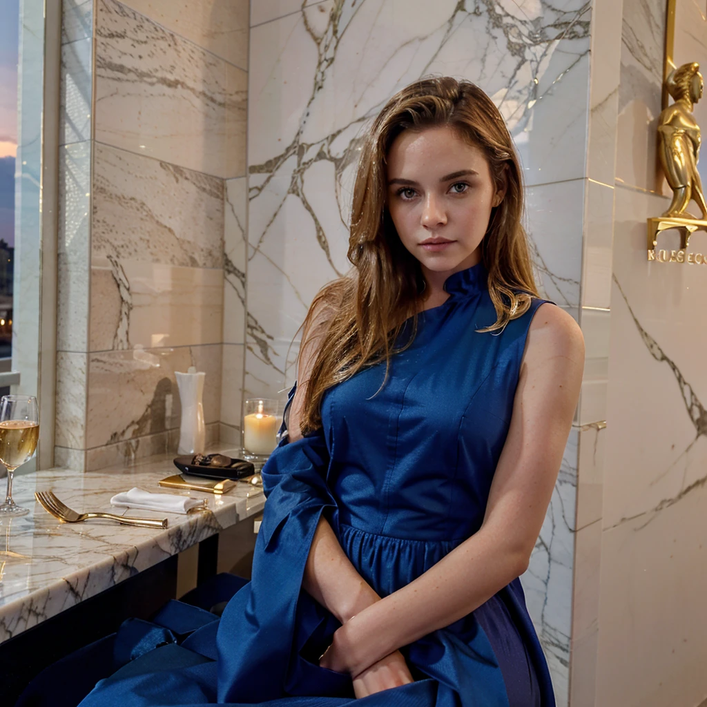 Female supermodel. Upscale restaurant. Marble walls. Blue evening dress. Sunset
