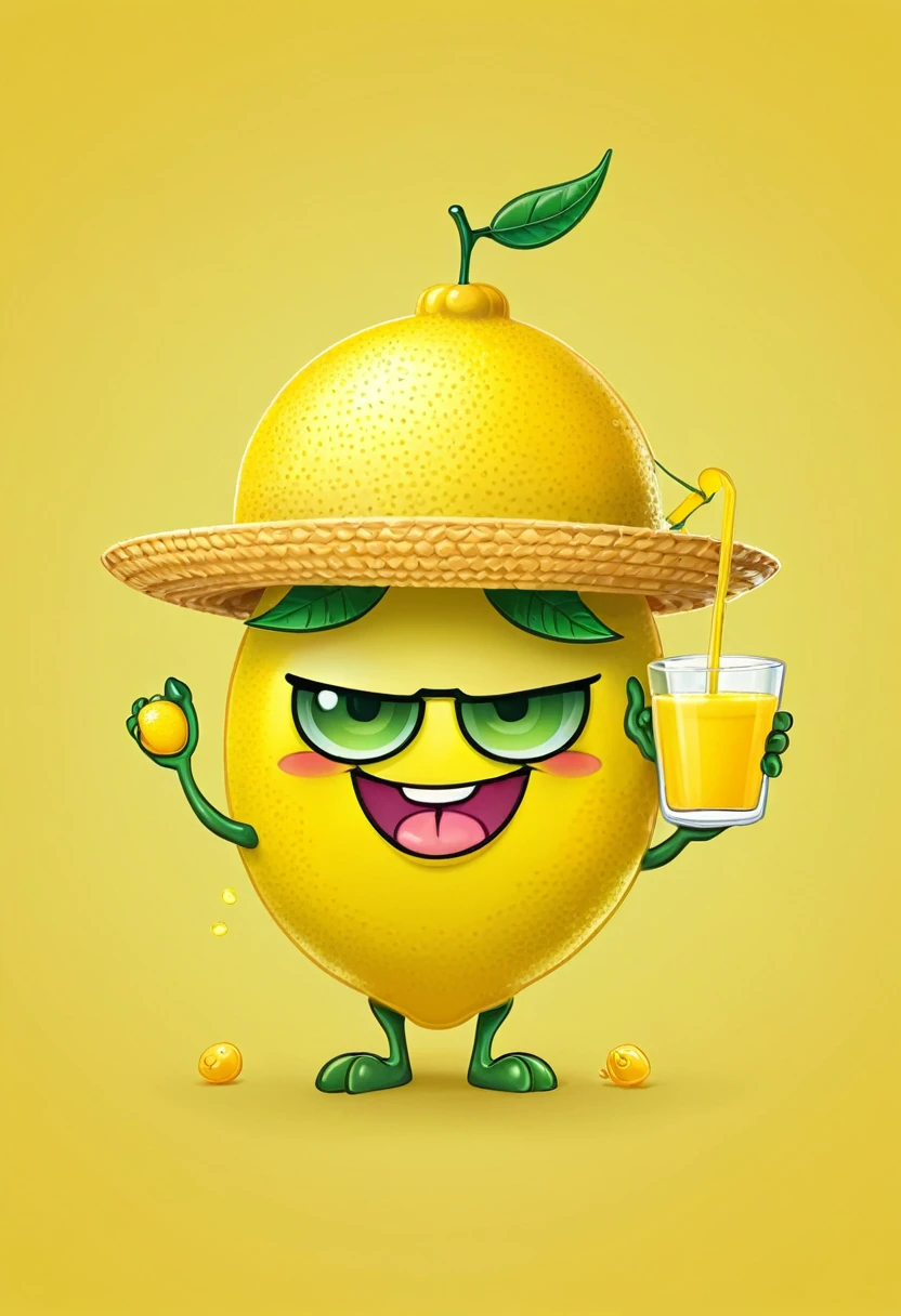 cartoon lemon character with a straw hat and a glass of orange juice, ๐ฟ๐ธ๐, wearing a lemon, ๐ธ๐, an angry lemon, it has lemon skin texture, lemon demon, ๐๐๐โบ๐๐๐, arms of lemons, lemon, telegram stickers, with lemon skin texture, lemons, Cute cartoon characters, telegram stickers design
