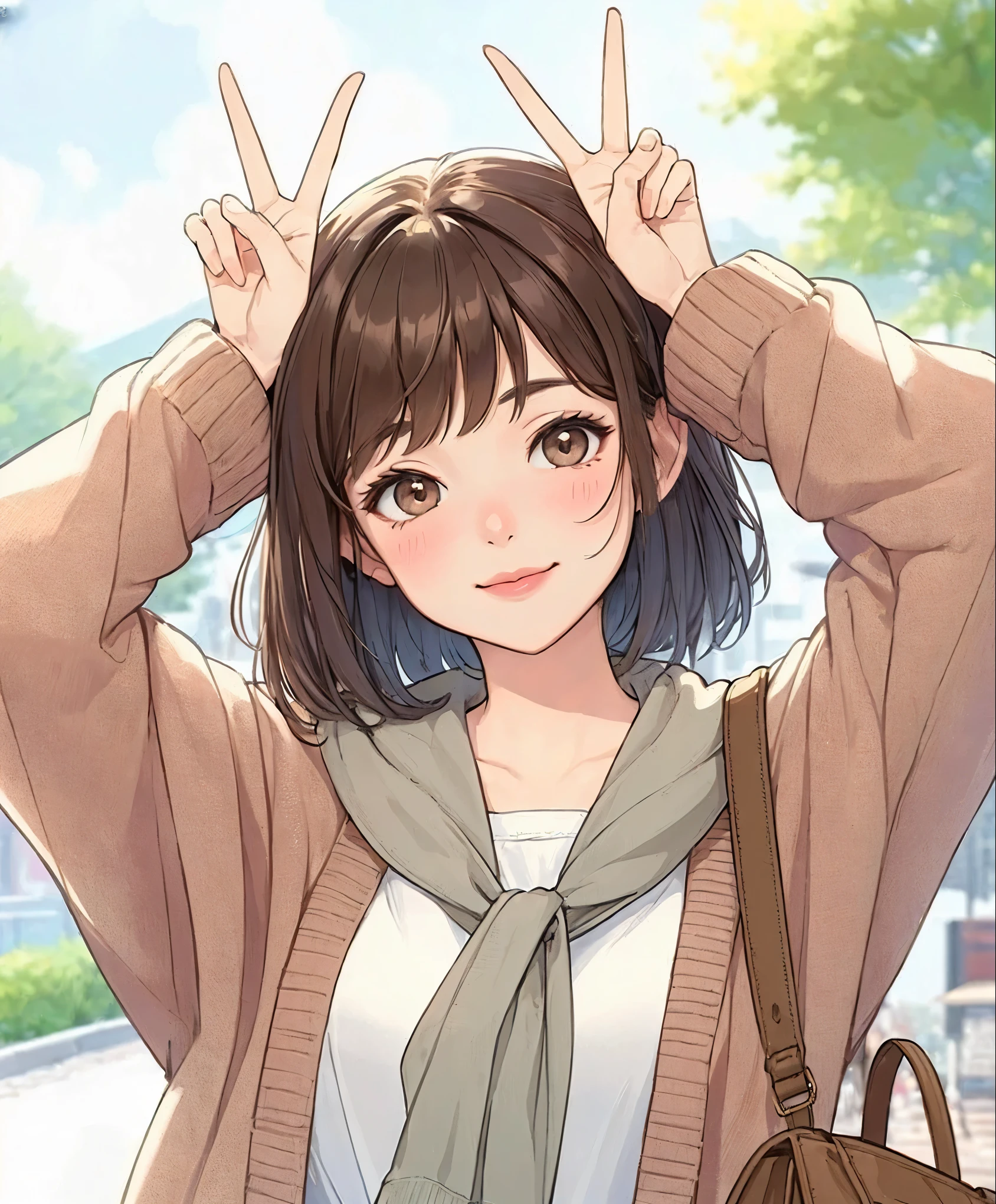 1lady solo, (placing hands above head), (gesture of rabbit ears), (peace sign), stylish outfit (calm attire), mature female, /(brown hair/) bangs, blush kind smile, (looking at viewers), (masterpiece best quality:1.2) delicate illustration ultra-detailed, large breasts, holding casual bag BREAK (ordinary urban park) outdoors, noon, trees