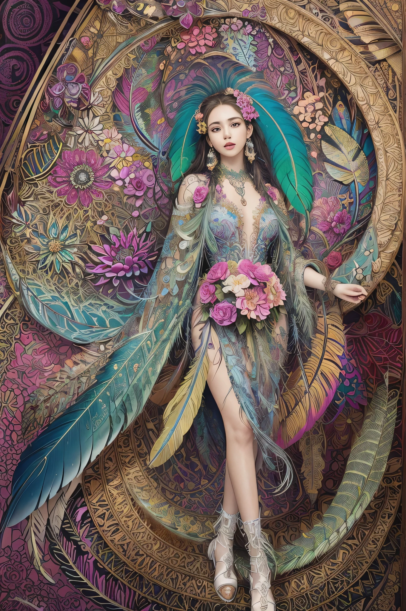 (masterpiece, top quality, best quality, official art, beautiful and aesthetic:1.2), (1girl:1.3), extremely detailed,(fractal art:1.1),(colorful:1.1)(flowers:1.3),highest detailed,(zentangle:1.2), full body, (abstract background:1.3), (shiny skin), (many colors:1.4), ,(earrings), (feathers:1.5),