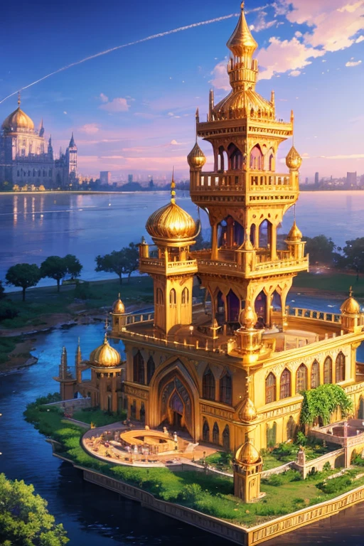 floating island with golden Muslim palace with vegetation and rivers with a tower in the center with a purple fire and blue sky background