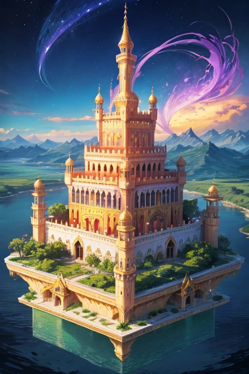 floating island with golden Muslim palace with vegetation and rivers with a tower in the center with a purple fire and blue sky background