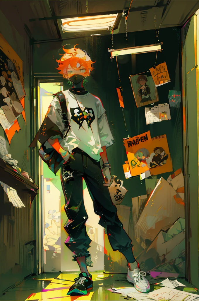 Young boy with orange hair, short hair, apple-green t-shirt, ripped jeans, damaged brown jacket, converse shoes, old dilapidated apartment still inhabited, flowers, hallway, brown backpack, freckles, ultra-detailed, detailed face, detailed eyes, style BD.