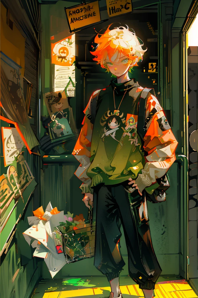 Young boy with orange hair, short hair, apple-green t-shirt, ripped jeans, damaged brown jacket, converse shoes, old dilapidated apartment still inhabited, flowers, hallway, brown backpack, freckles, ultra-detailed, detailed face, detailed eyes, style BD.