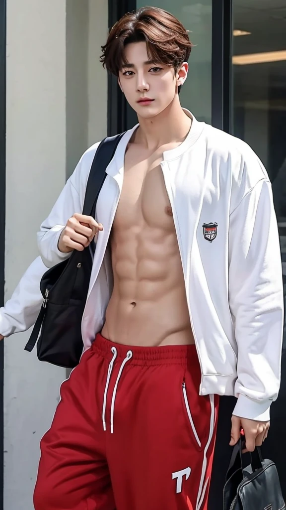 A very handsome jungkook,Wear hip-hop style shirtless,Carrying a school bag