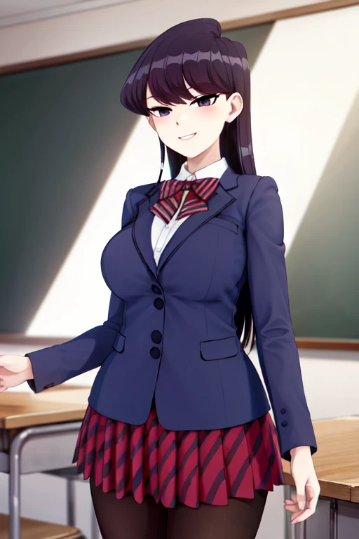 masterpiece, best quality, 1girl, solo, komi-san wa komyushou desu, ks , blue jacket, white shirt, striped bowtie, red skirt, black pantyhose, looking at viewer, (classroom), cowboy shot, grin smile,